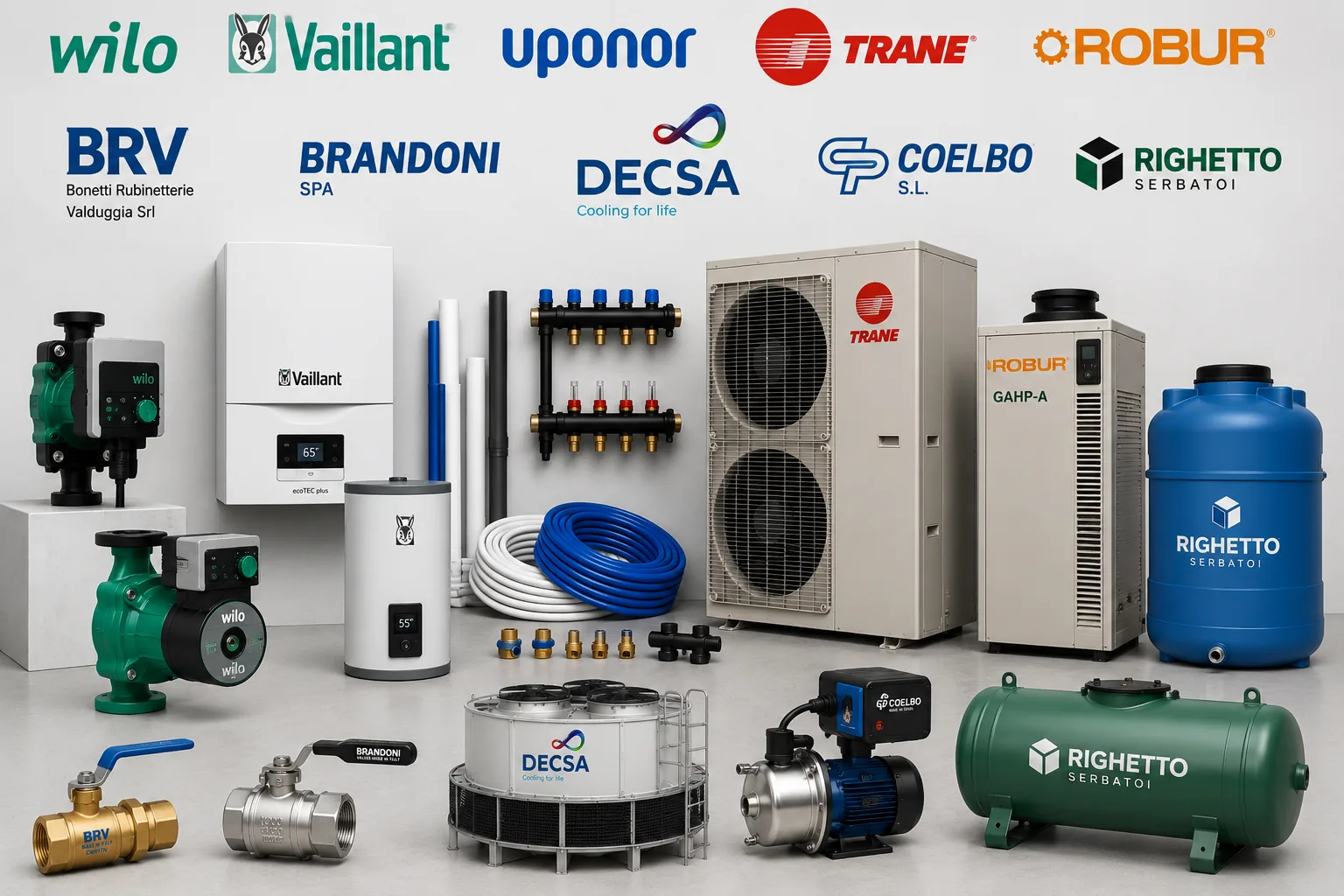 I prodotti dei marchi rappresentati: pompe e circolatori Wilo, caldaie Vaillant, collettori e tubazioni Uponor, refrigeratori Trane, unità Robur, serbatoi Righetto, torri Decsa, valvole Brandoni e BRV